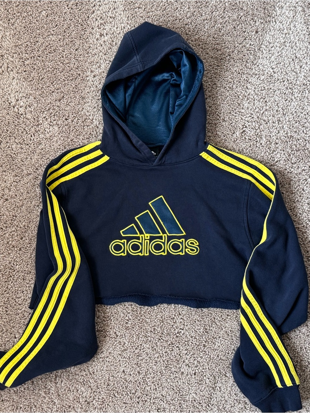 adidas Navy Cropped Hoodie with Yellow Stripes
